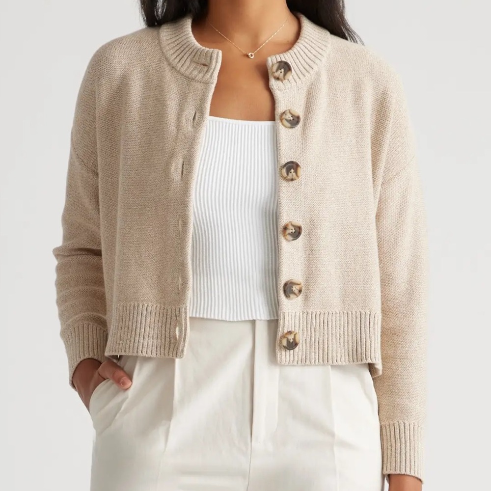 Quince Beige/Cement Marl Cotton Cropped Cardigan Sweater